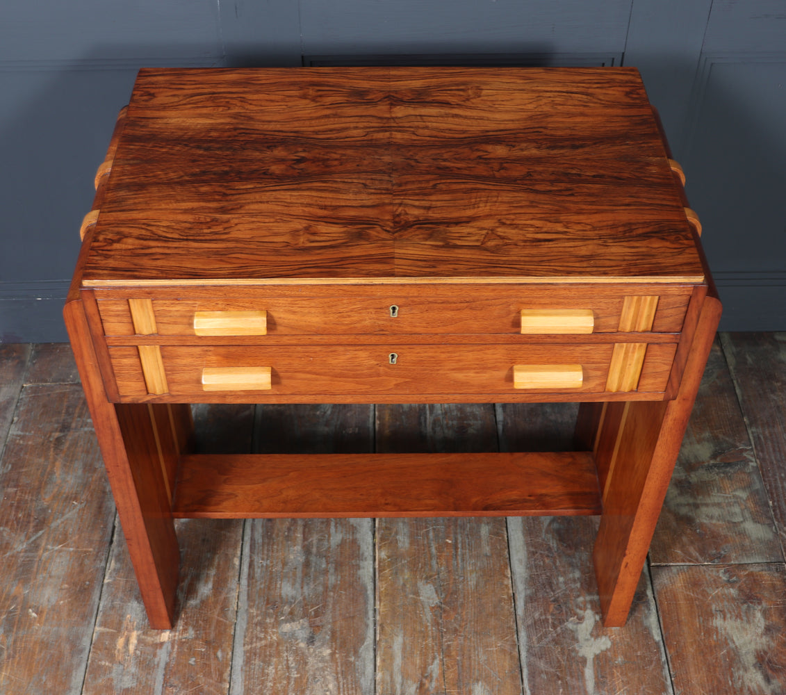 English Art Deco Walnut Console Table with Drawers