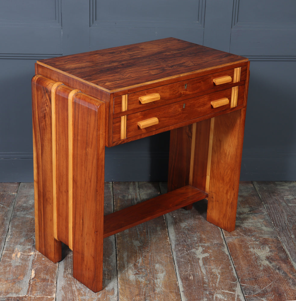 English Art Deco Walnut Console Table with Drawers