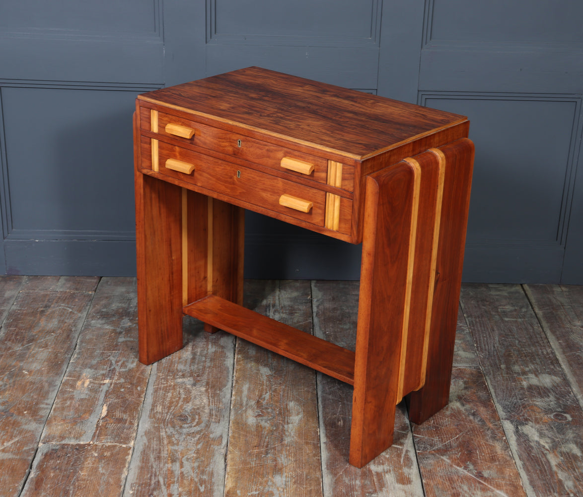 English Art Deco Walnut Console Table with Drawers
