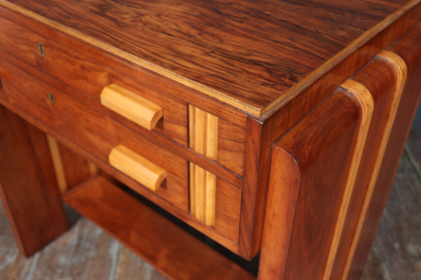 English Art Deco Walnut Console Table with Drawers