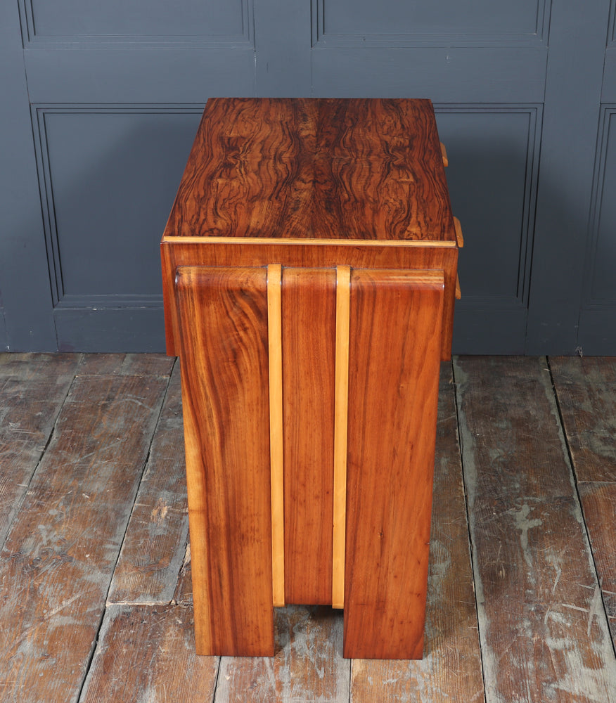 English Art Deco Walnut Console Table with Drawers