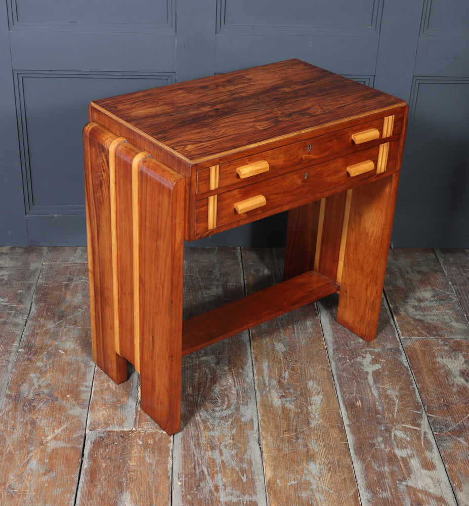 English Art Deco Walnut Console Table with Drawers