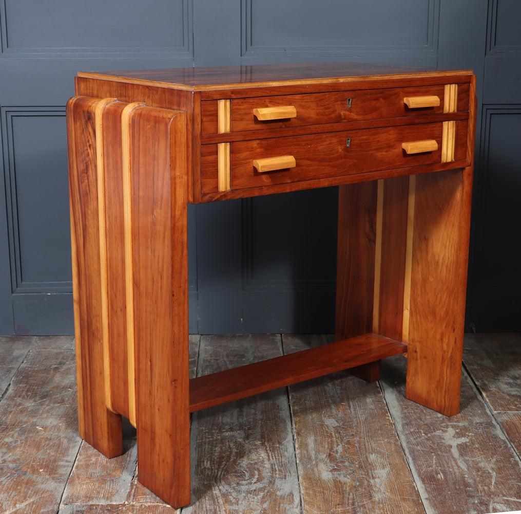 English Art Deco Walnut Console Table with Drawers