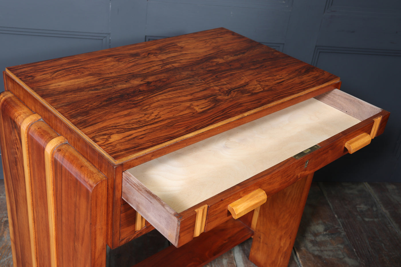 English Art Deco Walnut Console Table with Drawers