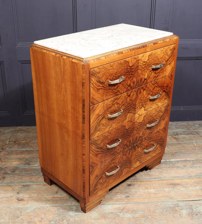 Art Deco Walnut Chest of Drawers with Marble Top