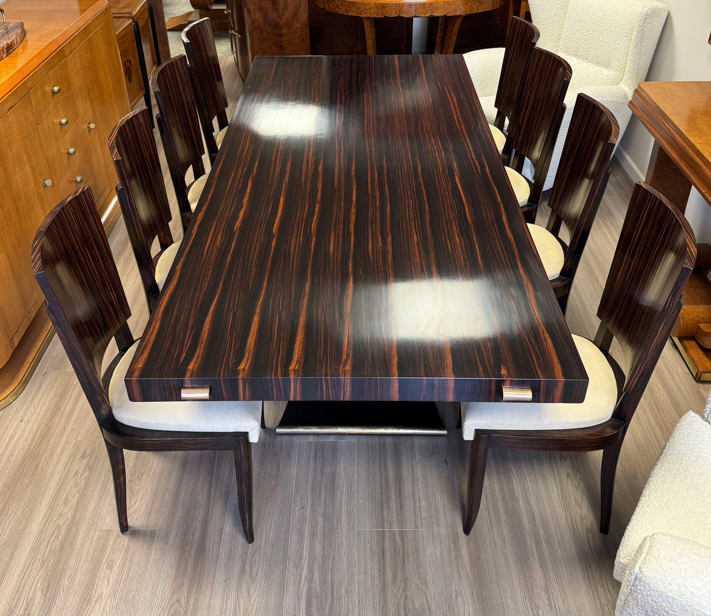Set of Eight French Art Deco Macassar Ebony Dining Chairs, c.1930s