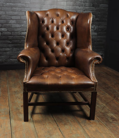 Georgian Style Brown Buttoned Leather Wing Chair