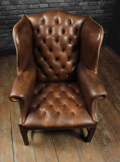 Georgian Style Brown Buttoned Leather Wing Chair