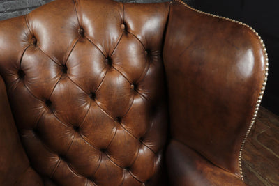 Georgian Style Brown Buttoned Leather Wing Chair