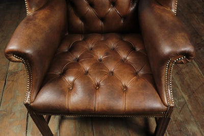 Georgian Style Brown Buttoned Leather Wing Chair