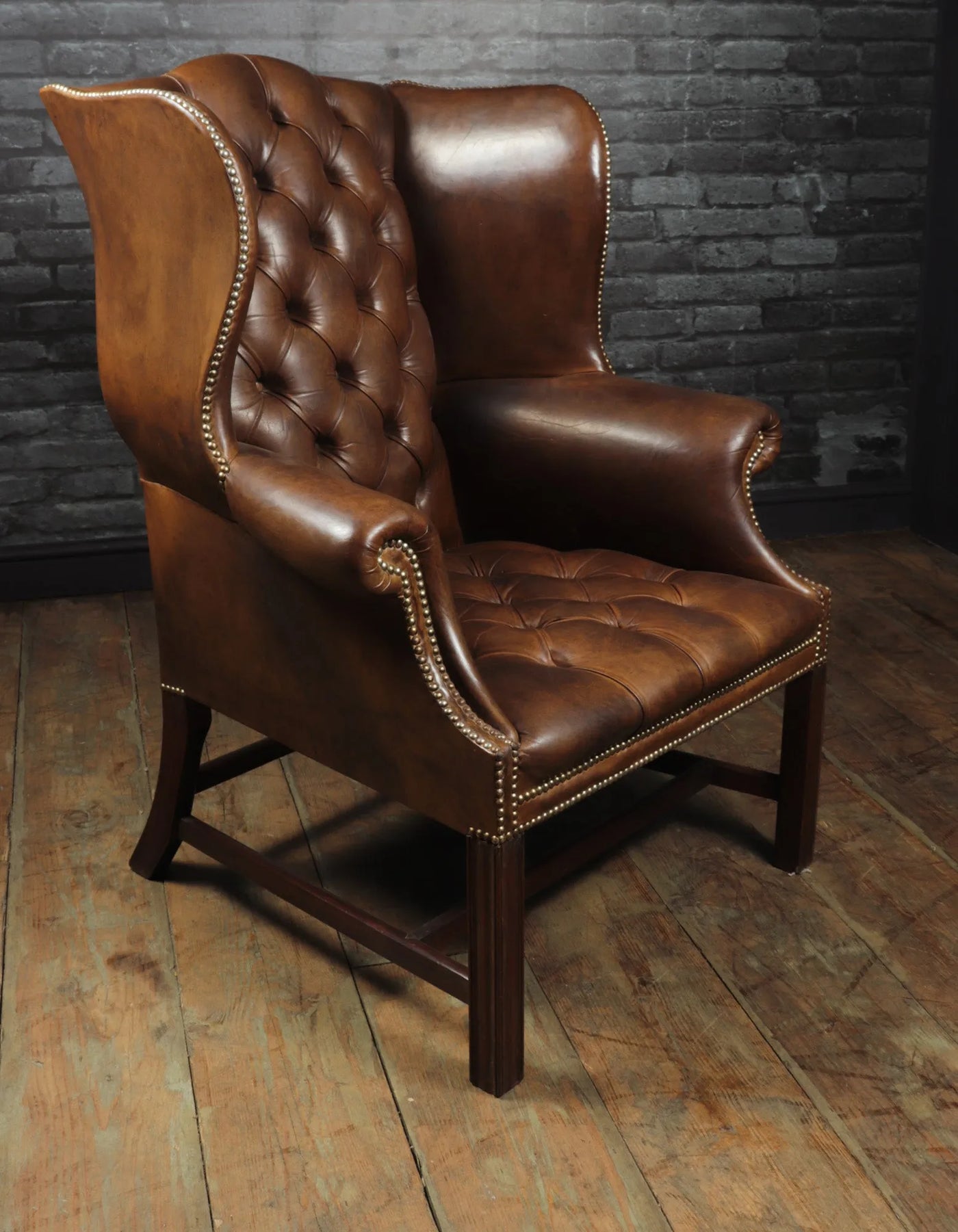 Georgian Style Brown Buttoned Leather Wing Chair