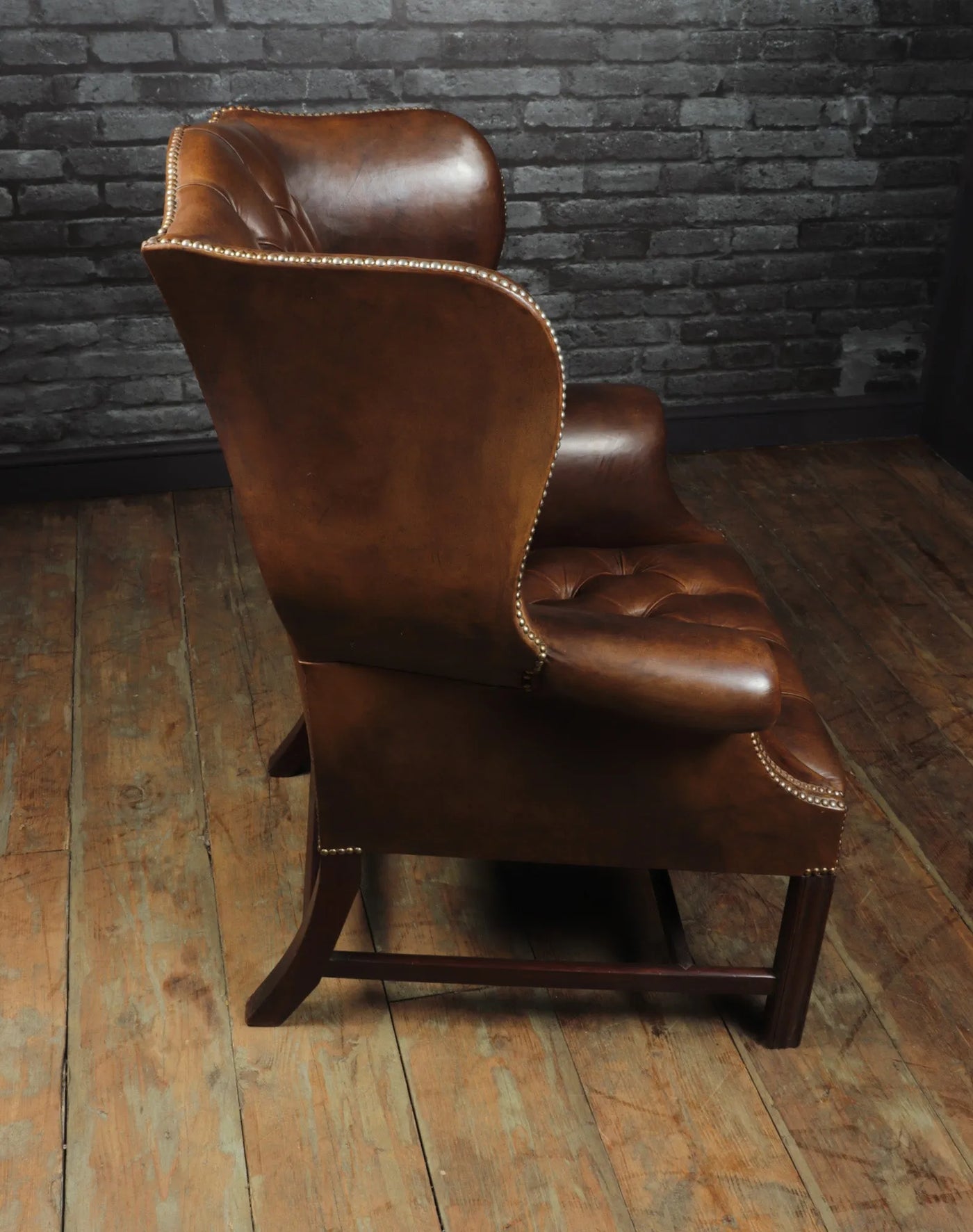 Georgian Style Brown Buttoned Leather Wing Chair