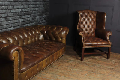 Georgian Style Brown Buttoned Leather Wing Chair