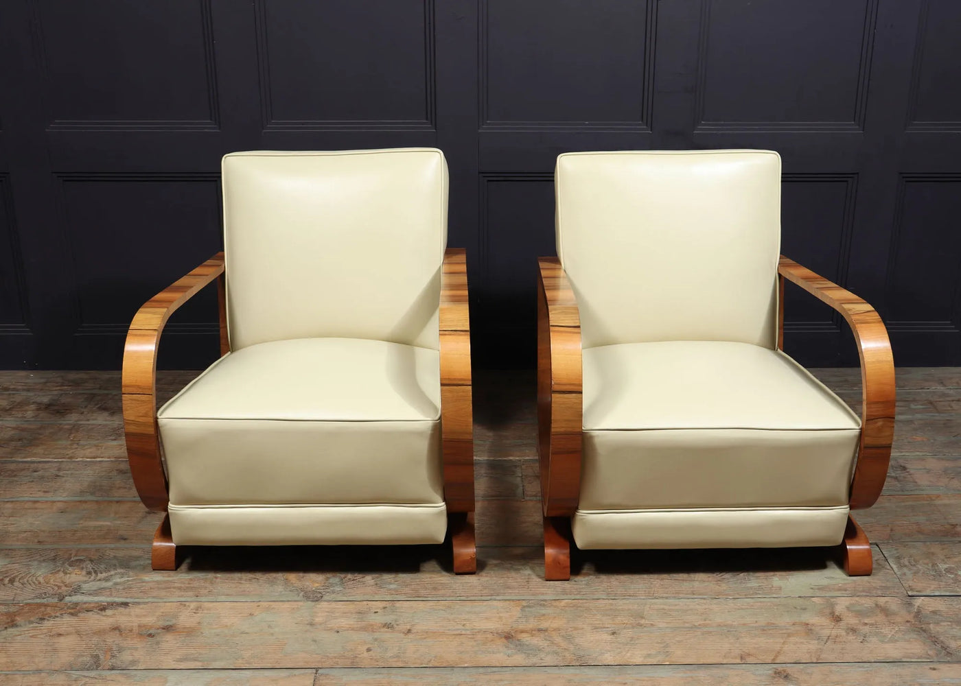 Pair of Italian Art Deco Leather and Walnut Armchairs