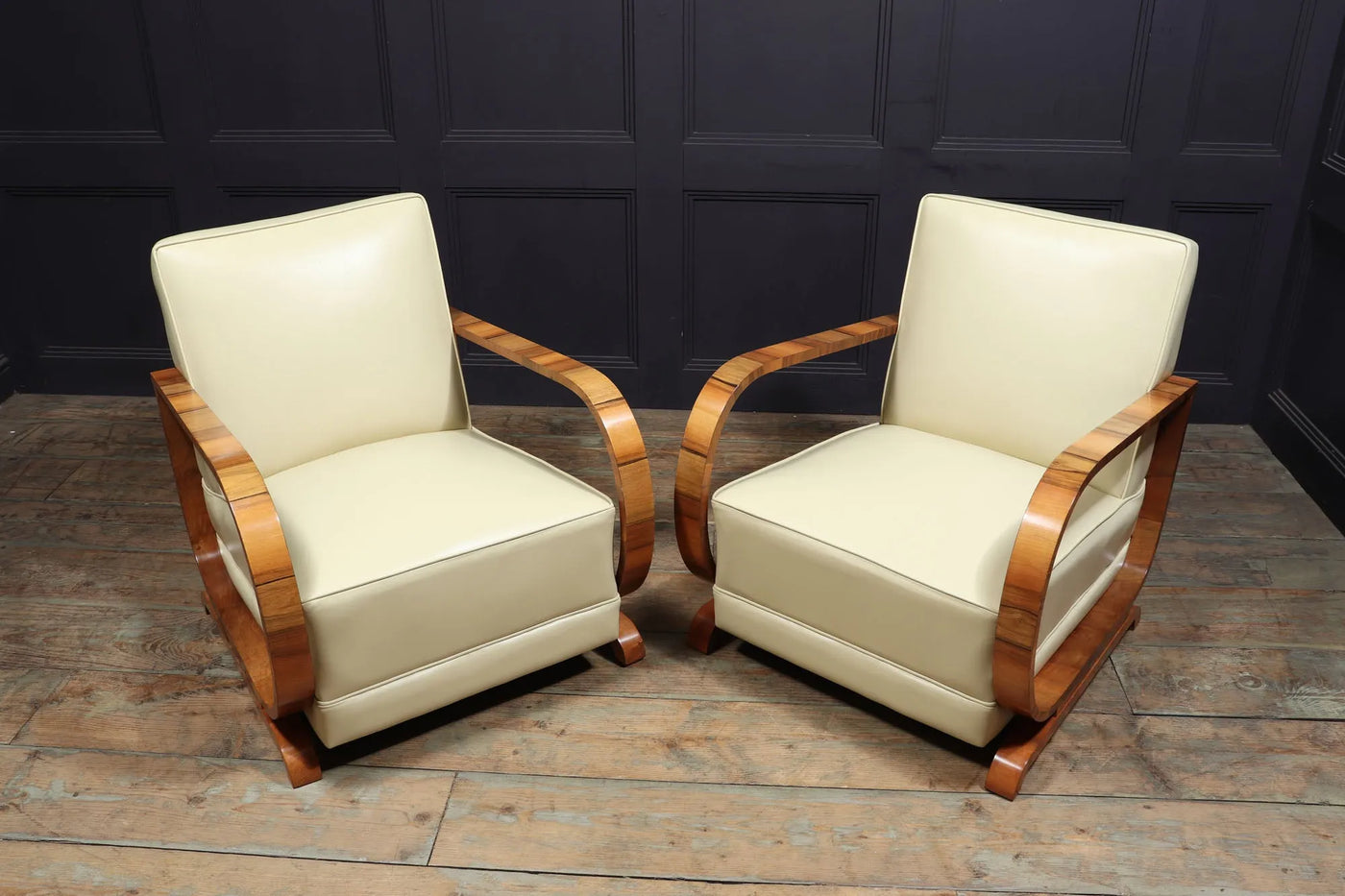 Pair of Italian Art Deco Leather and Walnut Armchairs