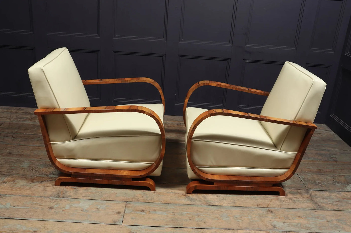 Pair of Italian Art Deco Leather and Walnut Armchairs