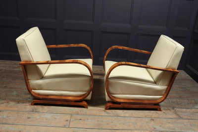 Pair of Italian Art Deco Leather and Walnut Armchairs