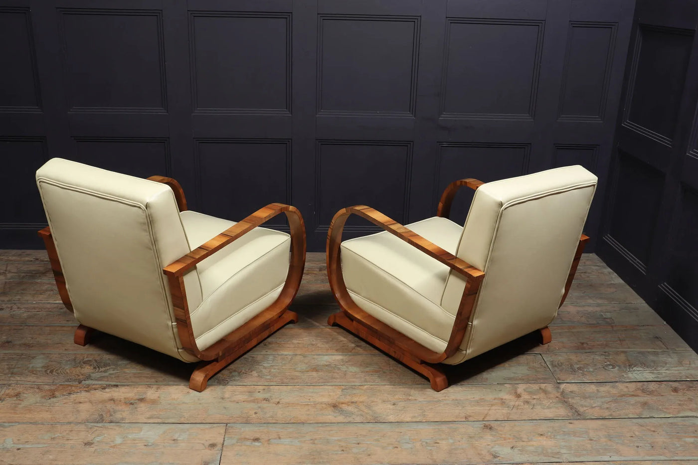 Pair of Italian Art Deco Leather and Walnut Armchairs