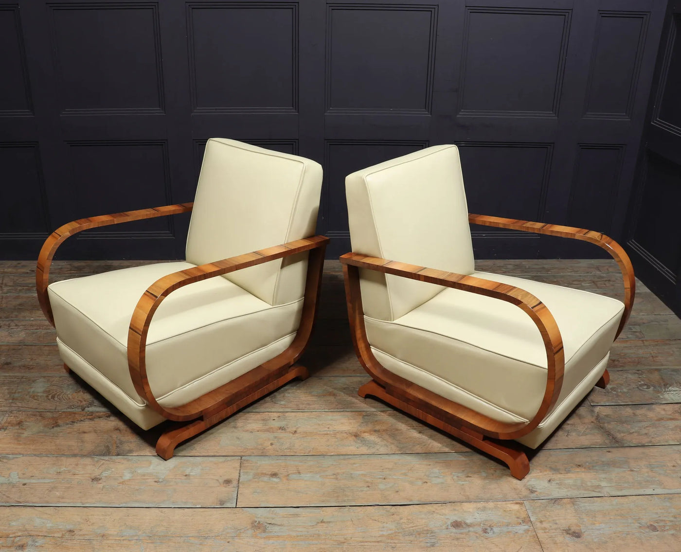 Pair of Italian Art Deco Leather and Walnut Armchairs