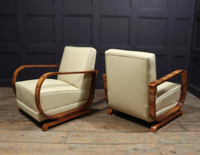 Pair of Italian Art Deco Leather and Walnut Armchairs