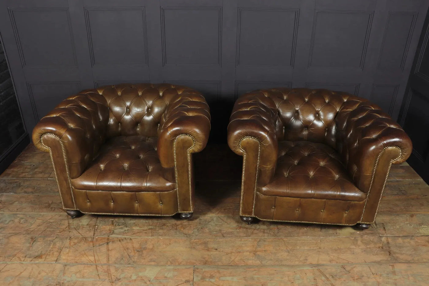 Pair of Brown Leather Chesterfield Club Chairs