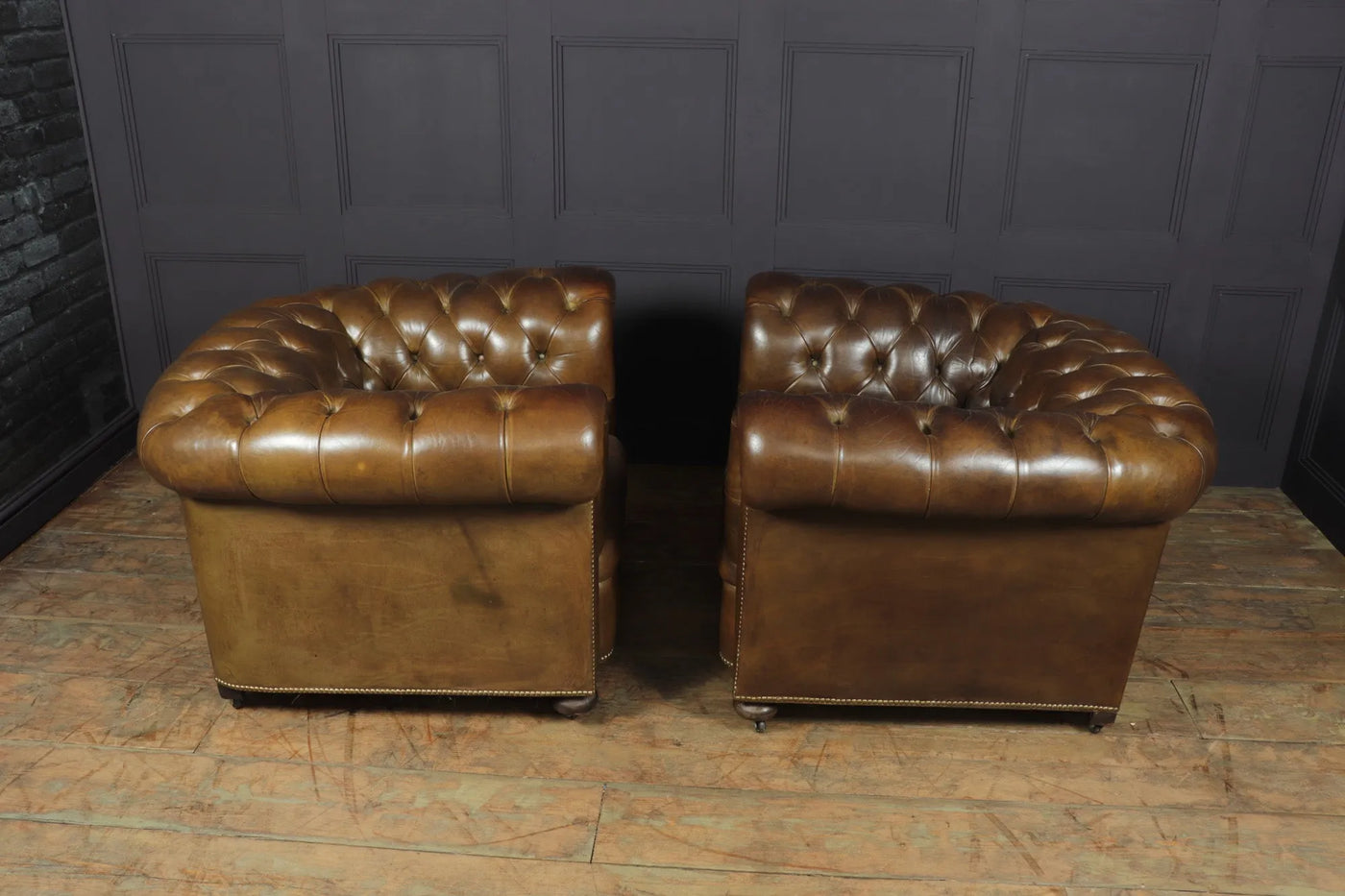 Pair of Brown Leather Chesterfield Club Chairs