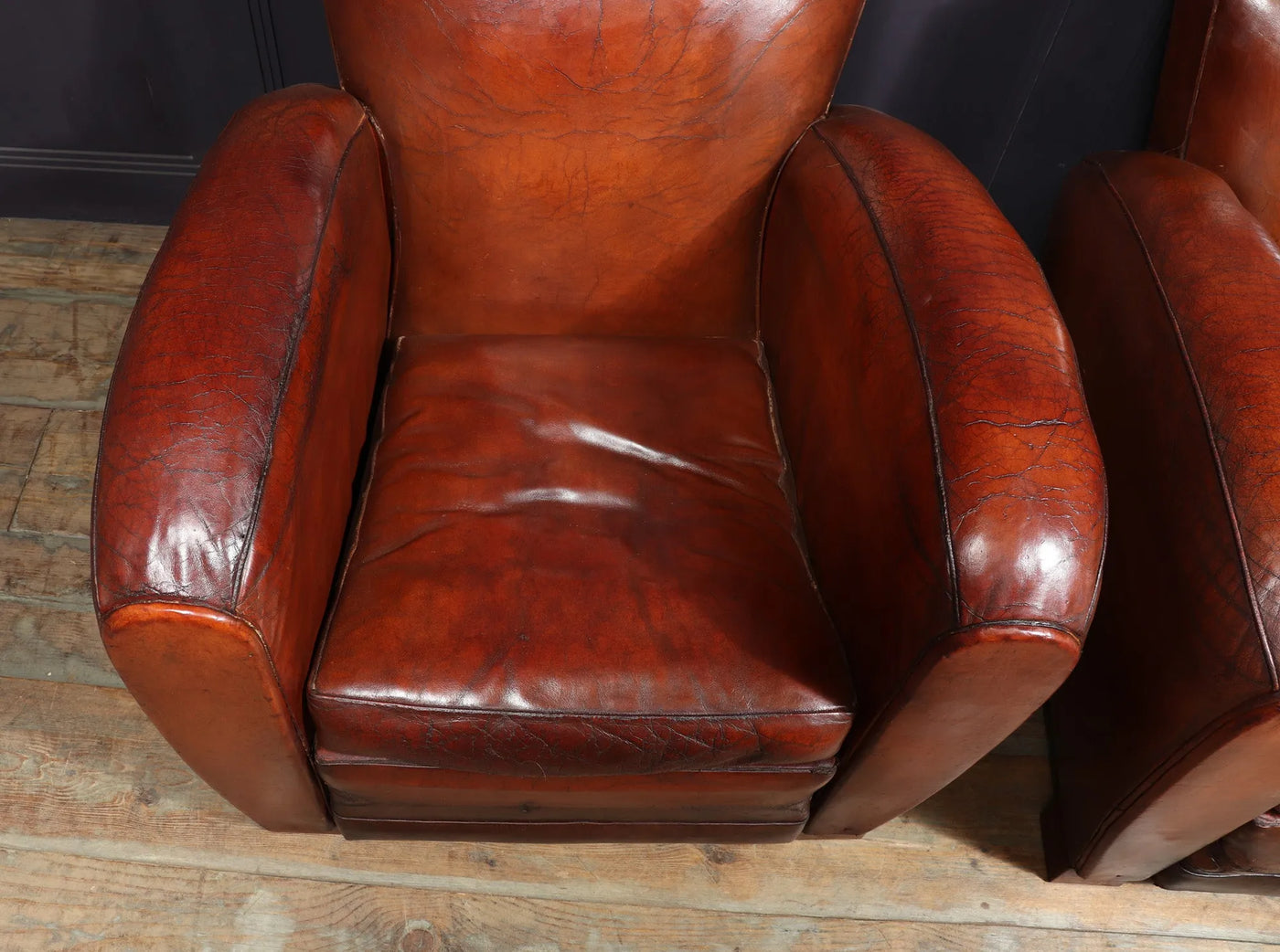 Pair of Moustache Back French Leather Club Armchairs