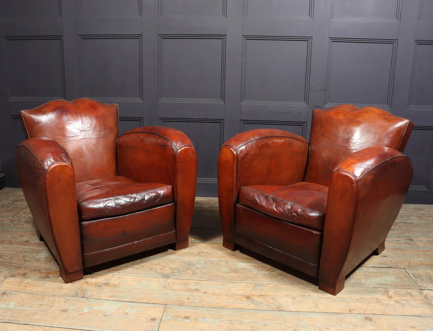 Pair of Moustache Back French Leather Club Armchairs