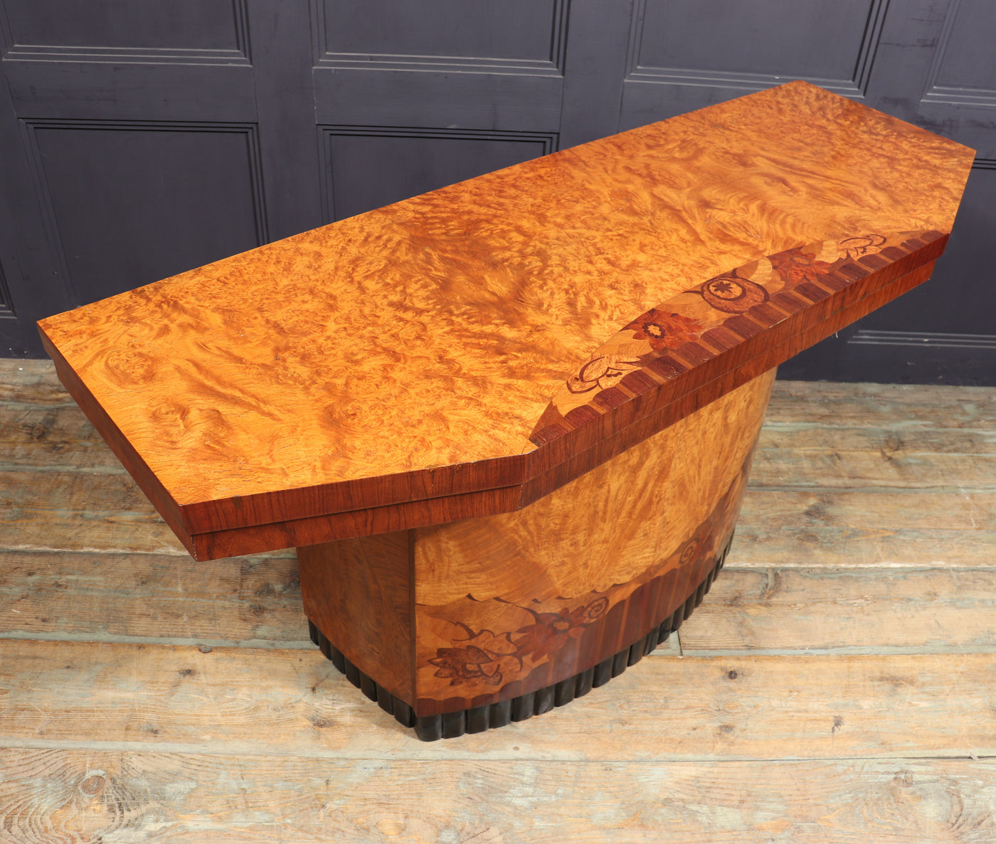 French Art Deco Walnut Marquetry Console Table
