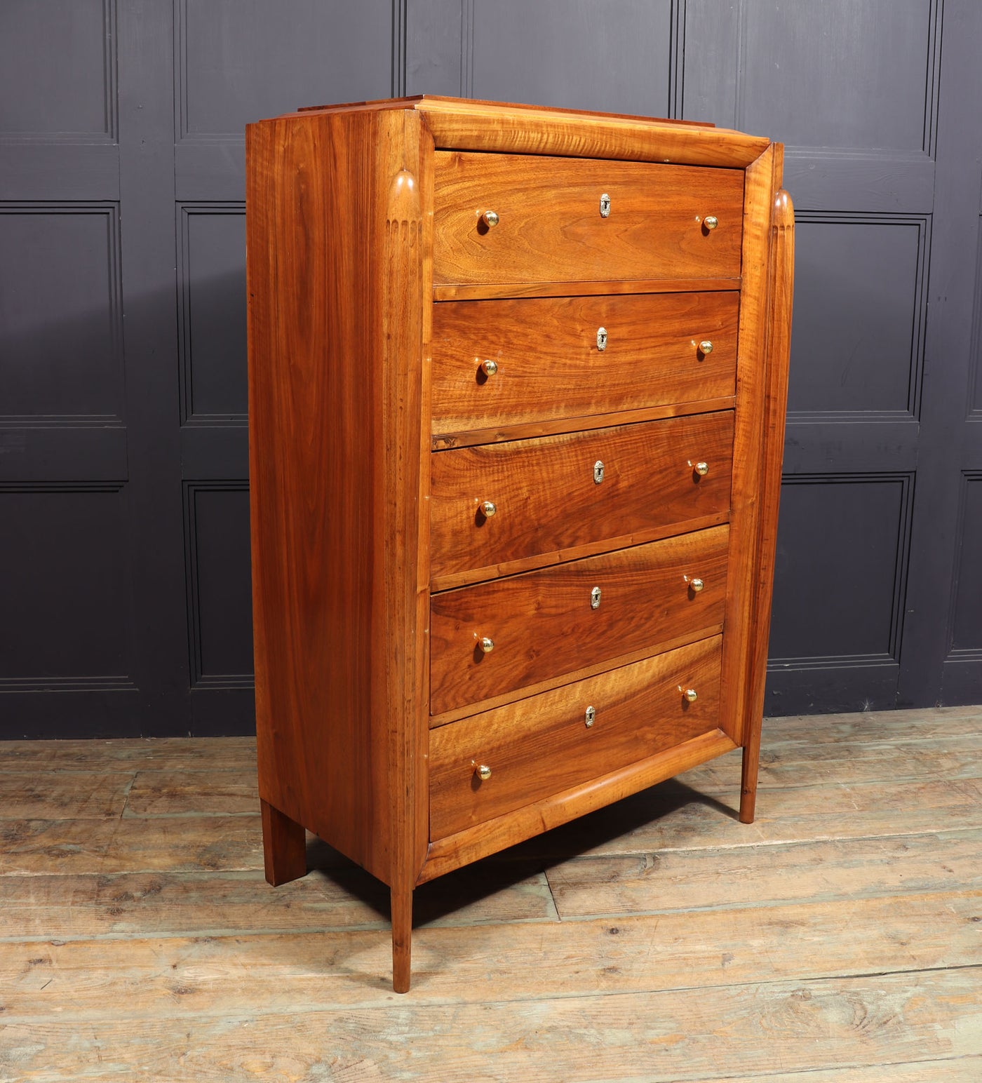 French Art Deco Tall Walnut Chest of Drawers