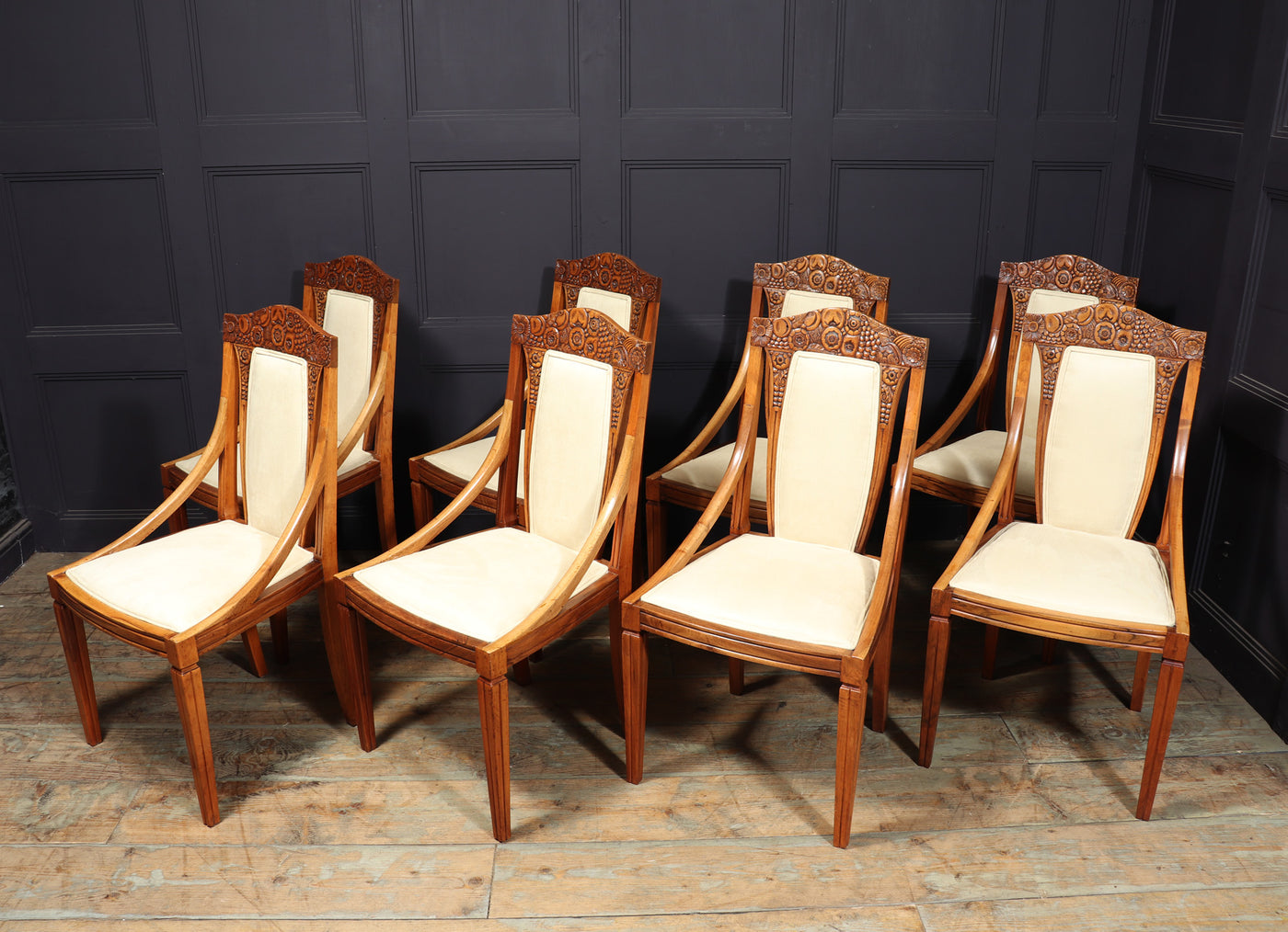 Set of 8 French Walnut Art Deco Dining Chairs