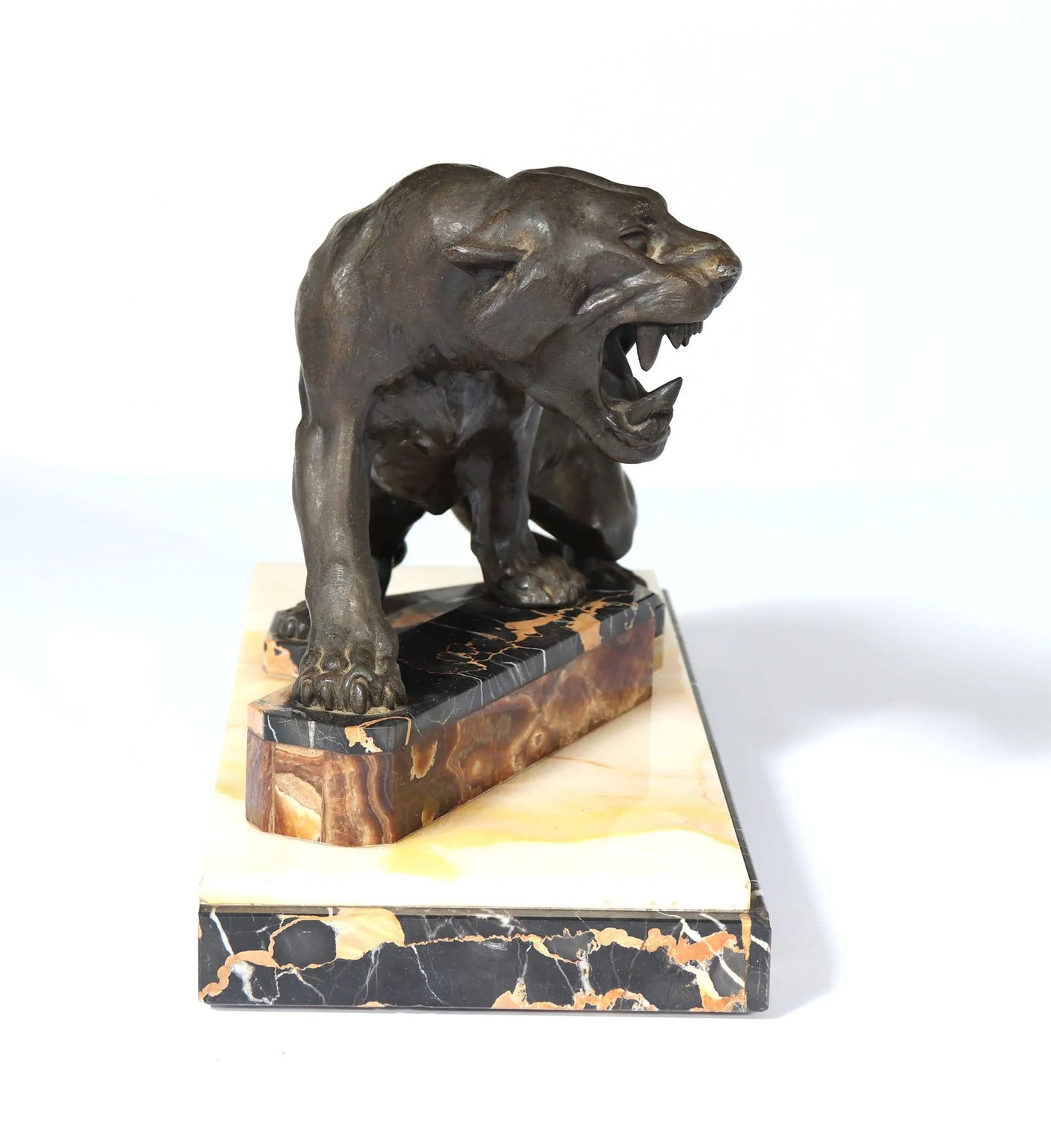 Art Deco Patinated Bronze Tiger on Marble and Onyx