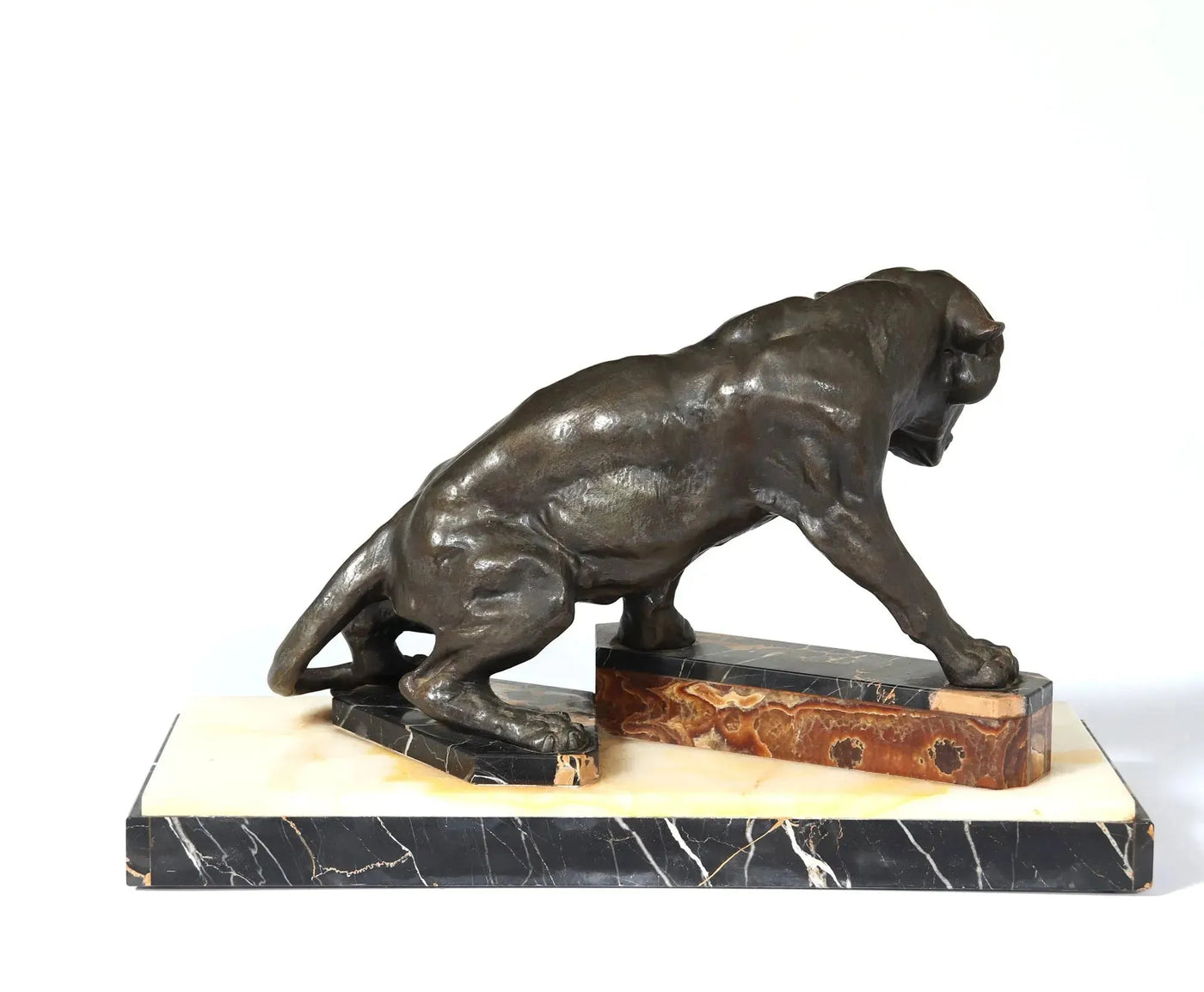 Art Deco Patinated Bronze Tiger on Marble and Onyx