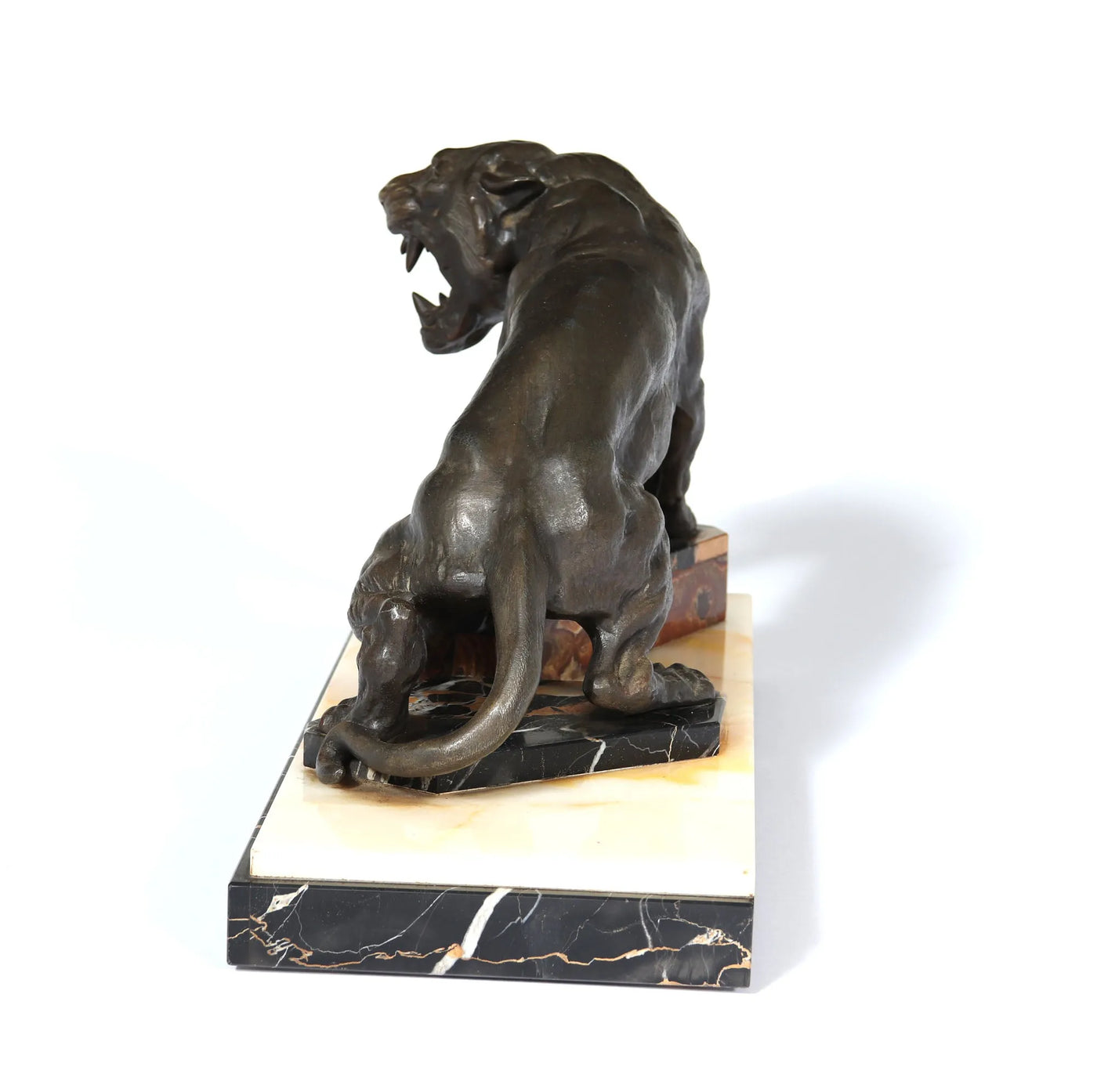 Art Deco Patinated Bronze Tiger on Marble and Onyx