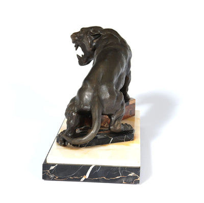 Art Deco Patinated Bronze Tiger on Marble and Onyx