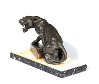 Art Deco Patinated Bronze Tiger on Marble and Onyx