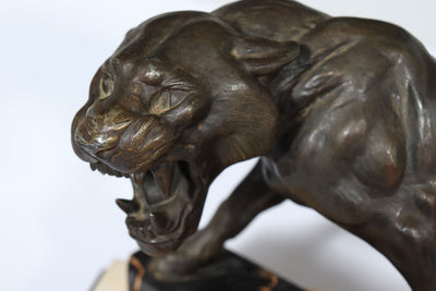 Art Deco Patinated Bronze Tiger on Marble and Onyx