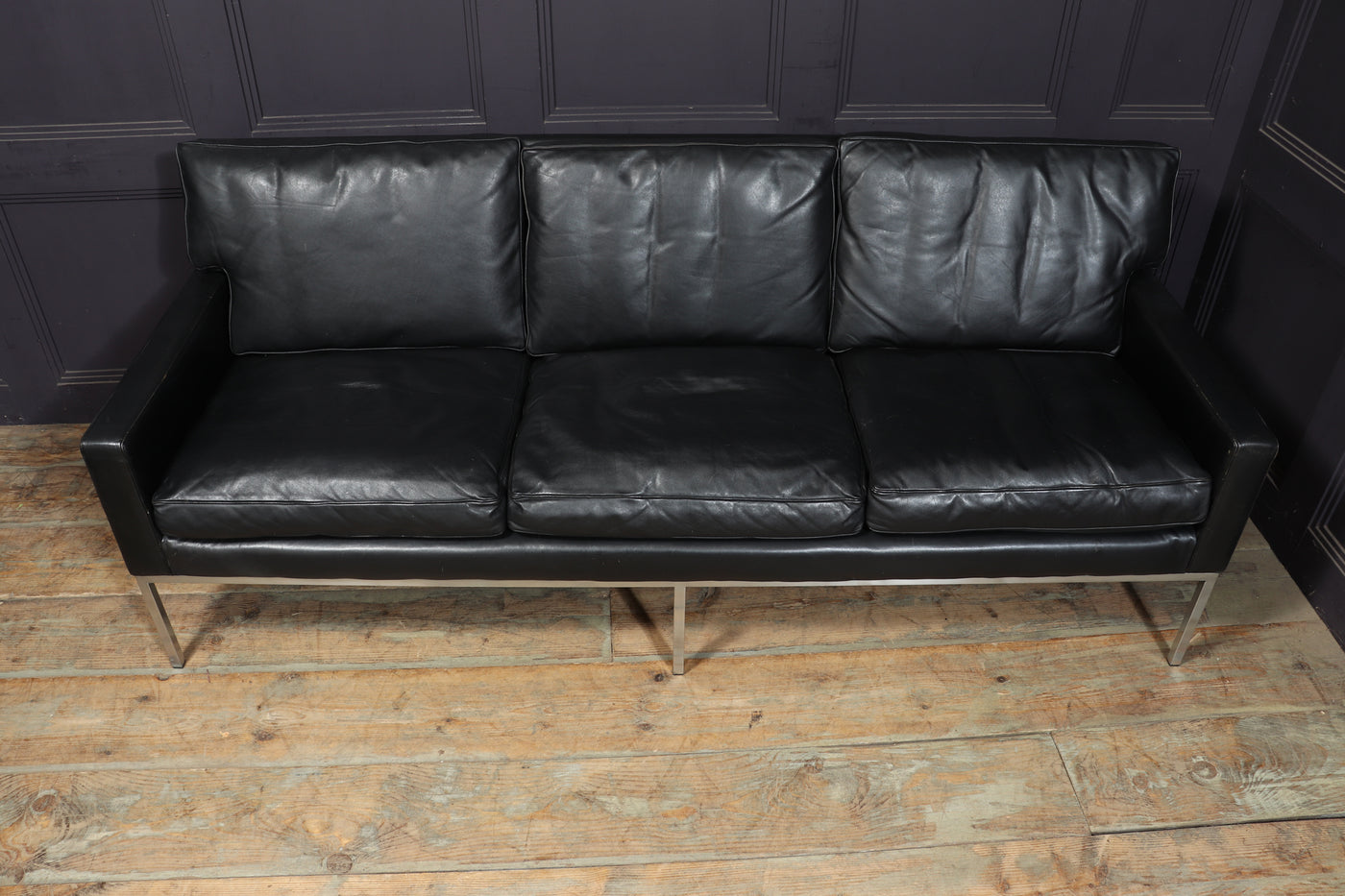 Scandinavian Mid Century Modern Black Leather Sofa