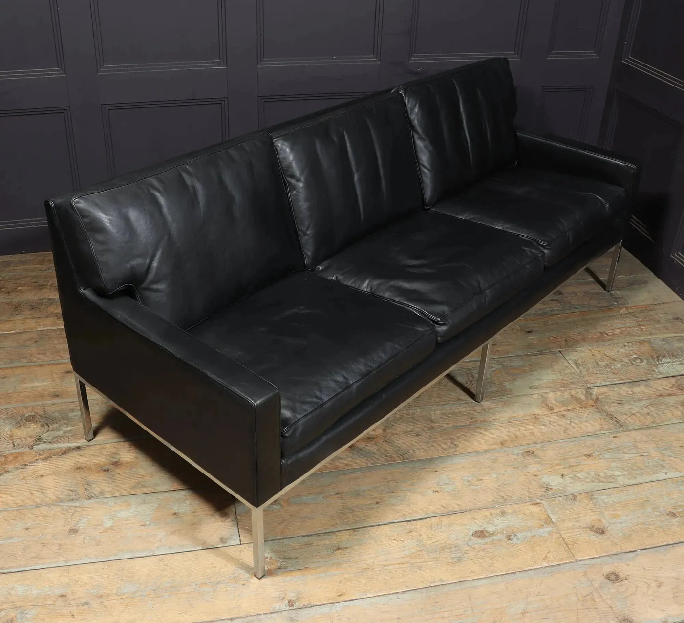 Scandinavian Mid Century Modern Black Leather Sofa