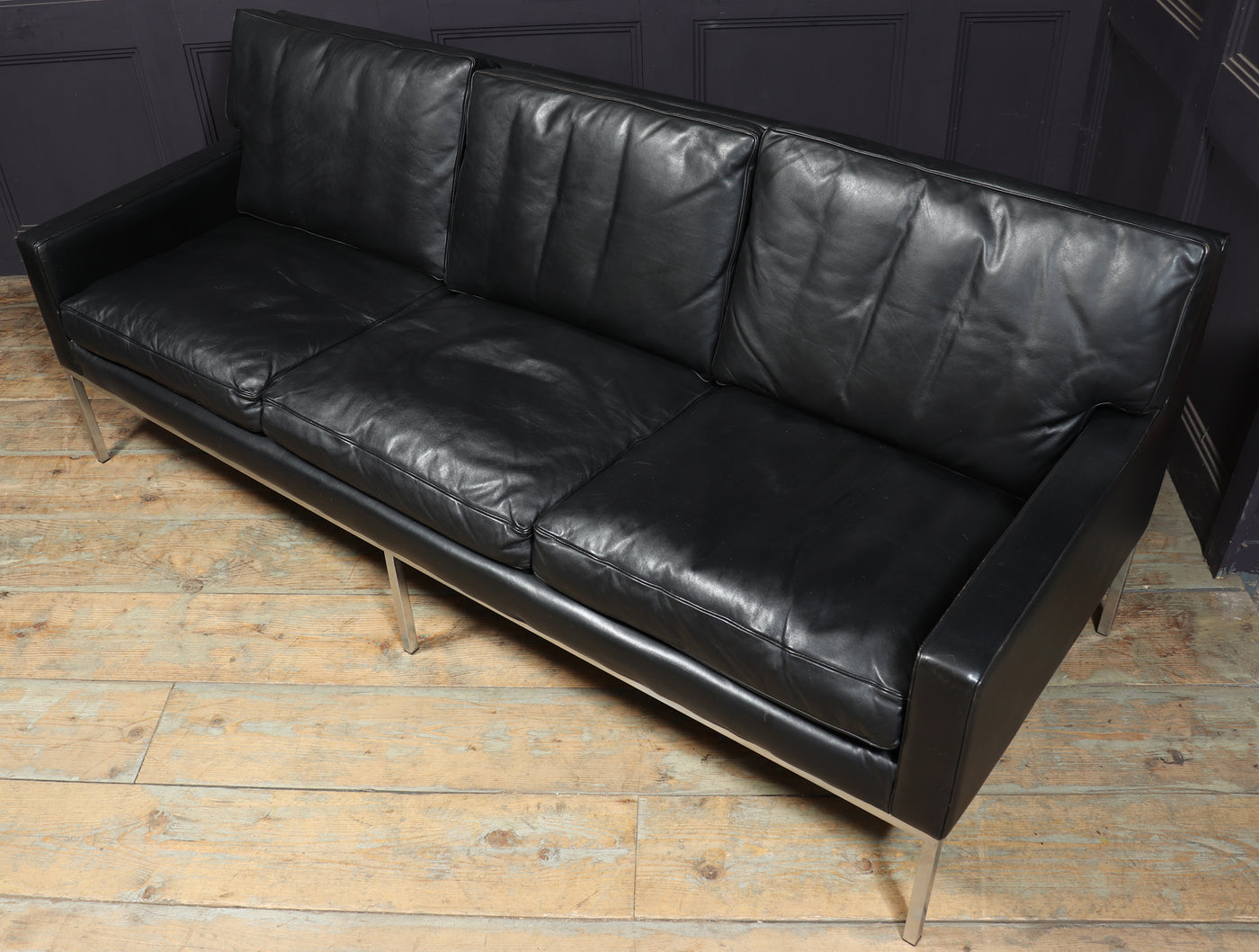 Scandinavian Mid Century Modern Black Leather Sofa