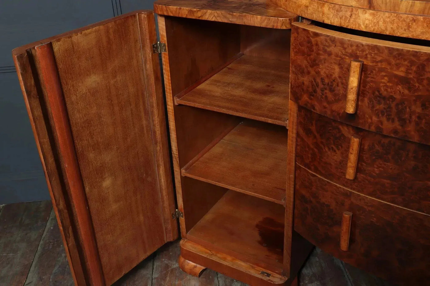 English Art Deco Burr Walnut Sideboard