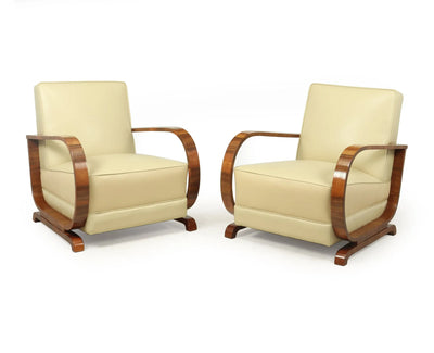 Pair of Italian Art Deco Leather and Walnut Armchairs