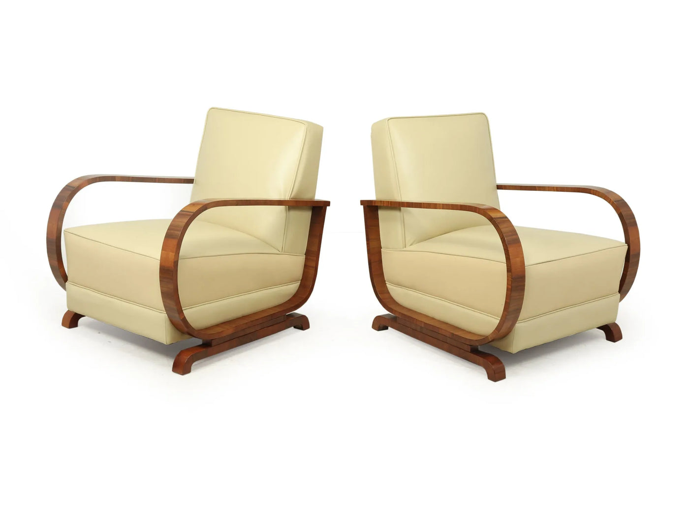 Pair of Italian Art Deco Leather and Walnut Armchairs