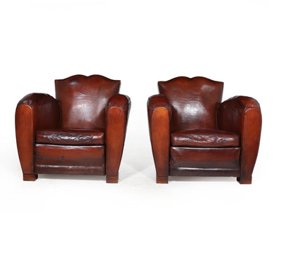 Pair of Moustache Back French Leather Club Armchairs front