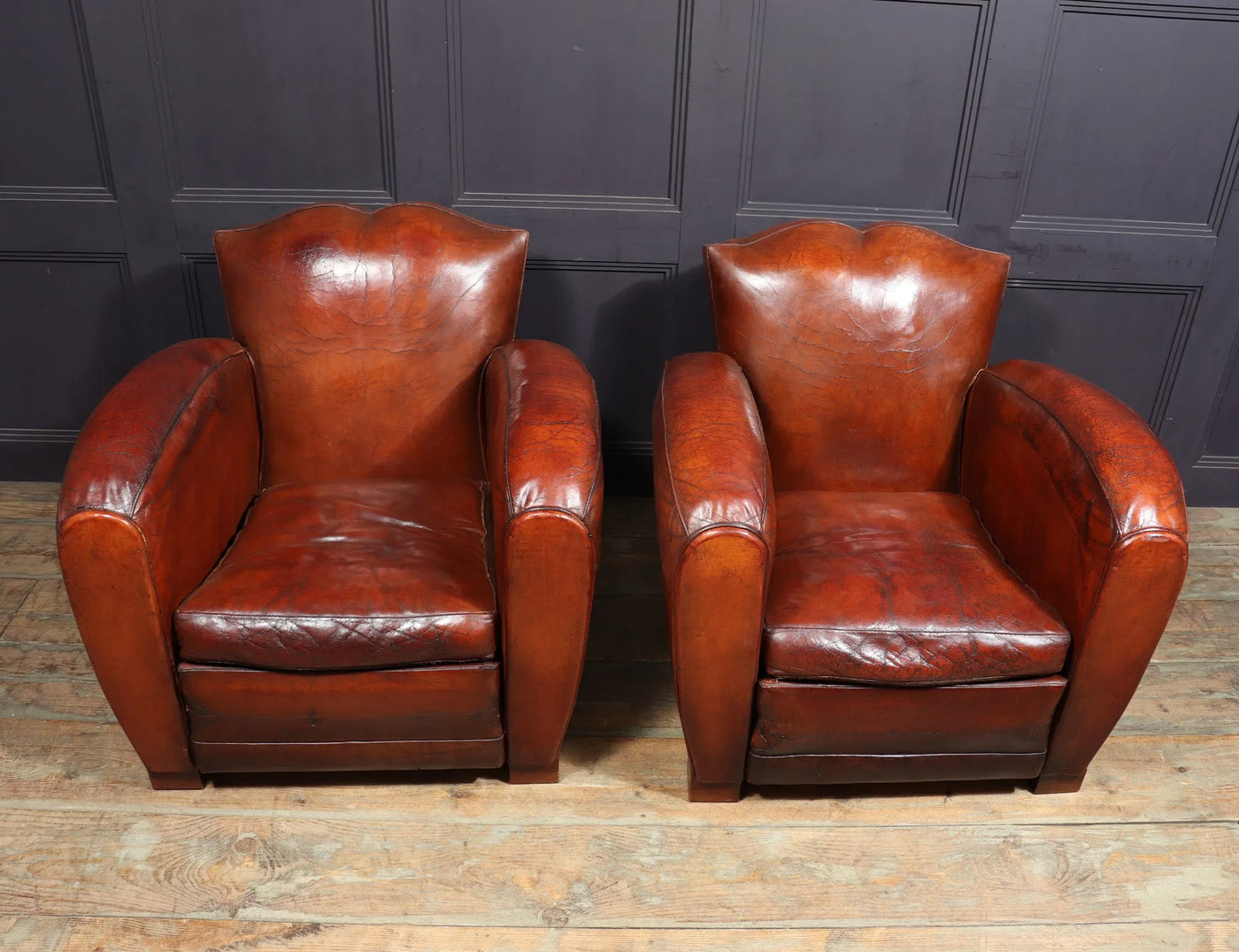 Pair of Moustache Back French Leather Club Armchairs