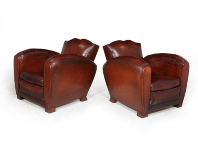 Pair of Moustache Back French Leather Club Armchairs