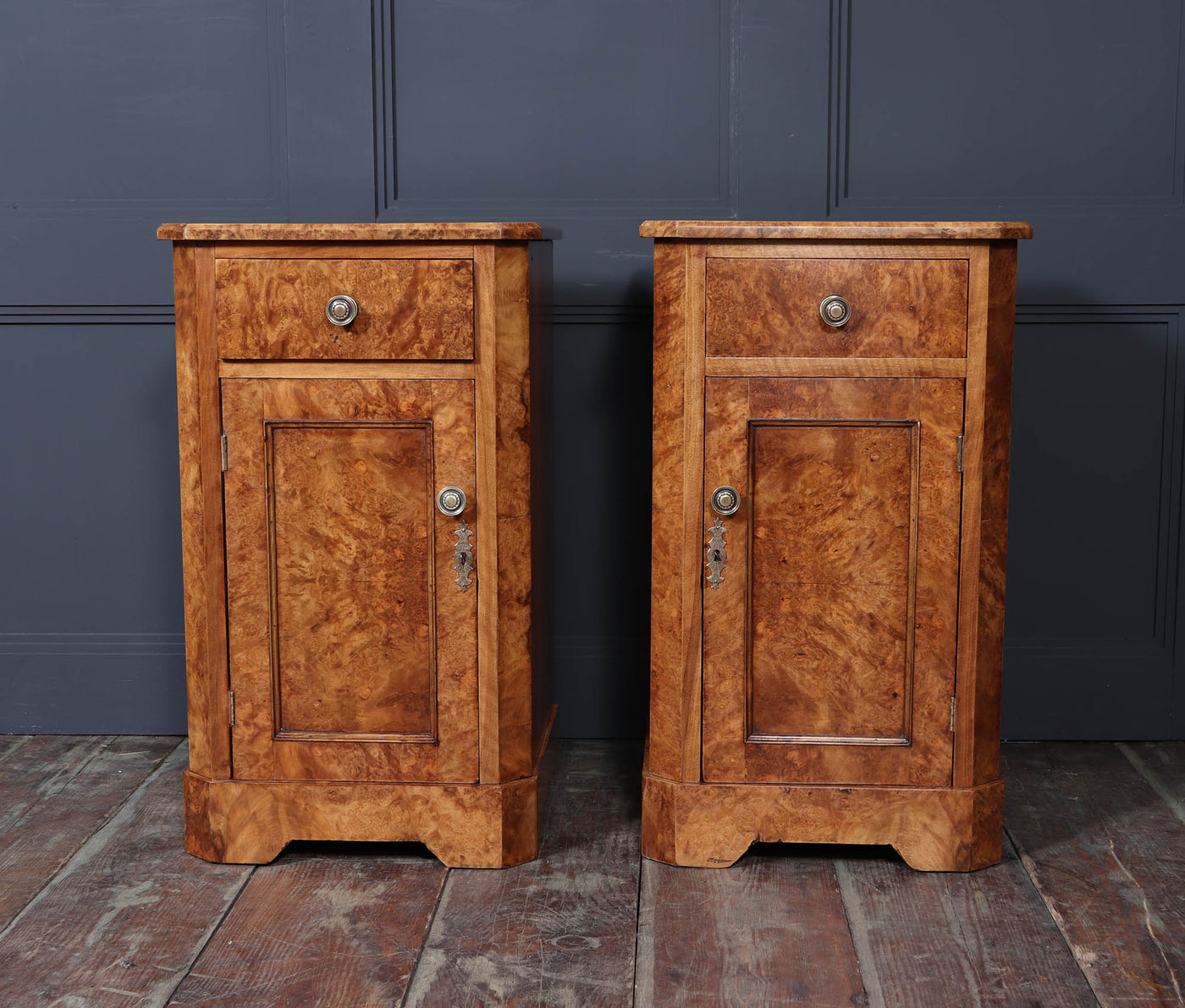 Pair of English Antique Burr Walnut Bedside Cabinets