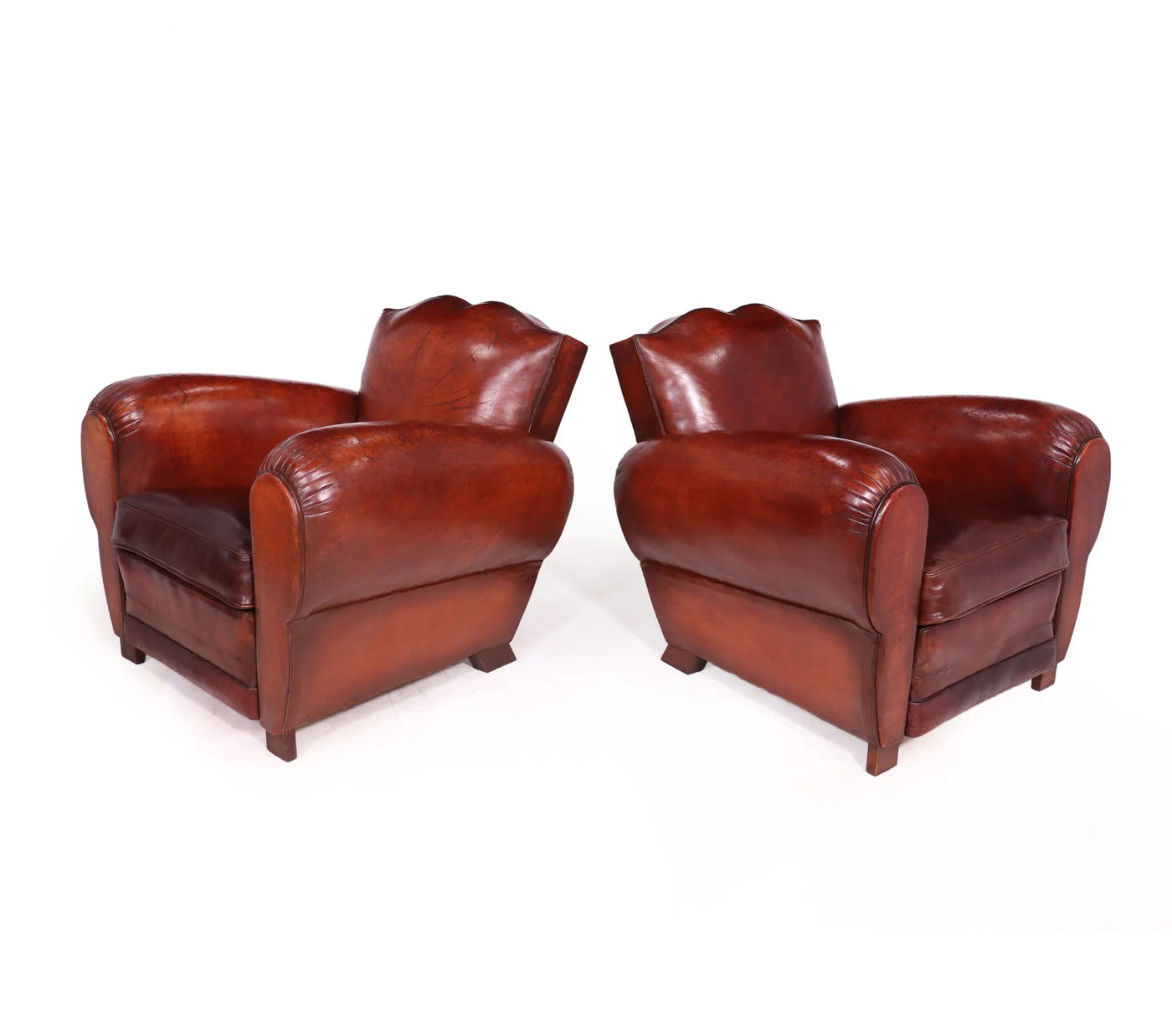 Pair of French Leather Moustache Back Club Chairs