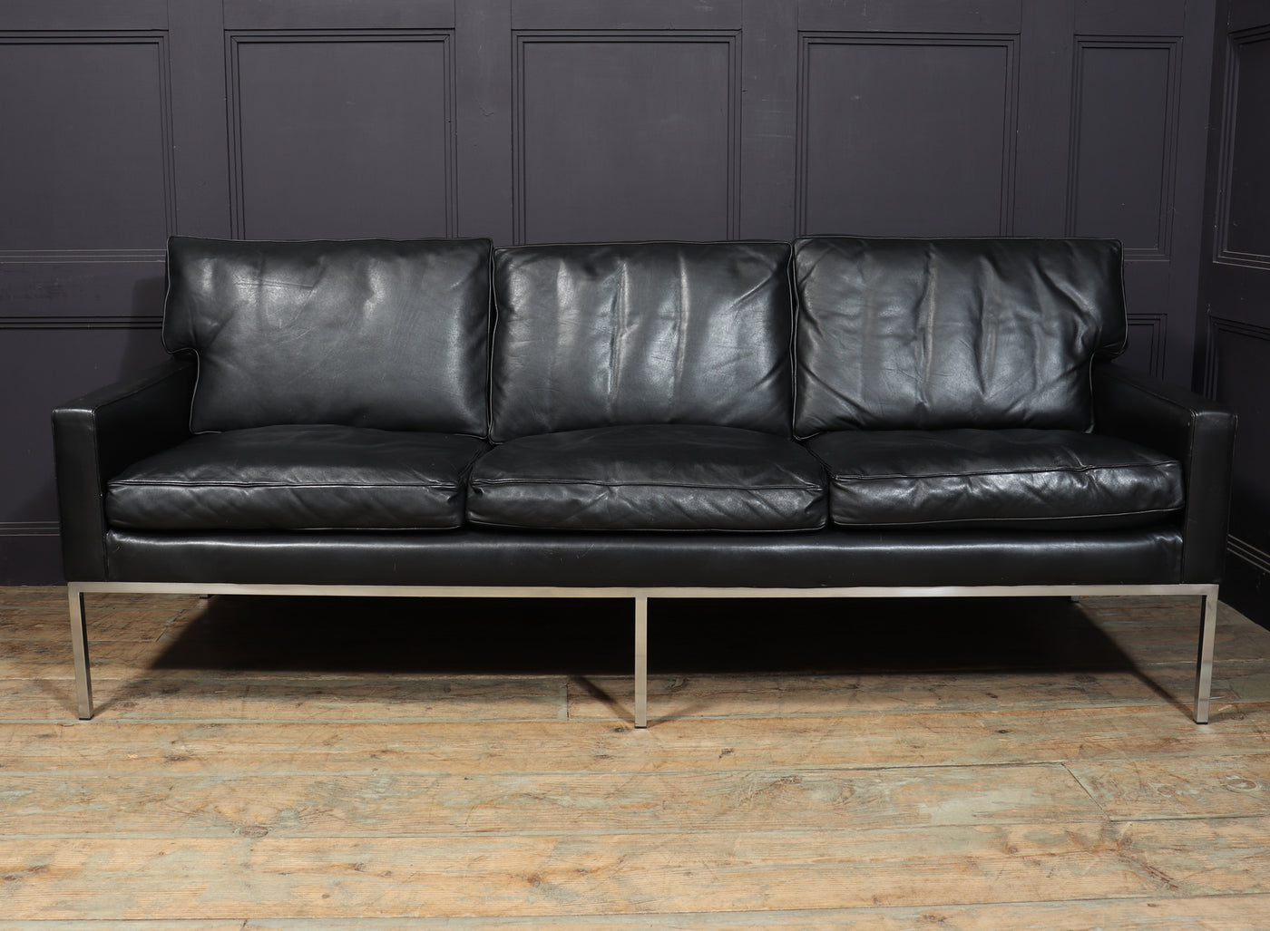 Scandinavian Mid Century Modern Black Leather Sofa