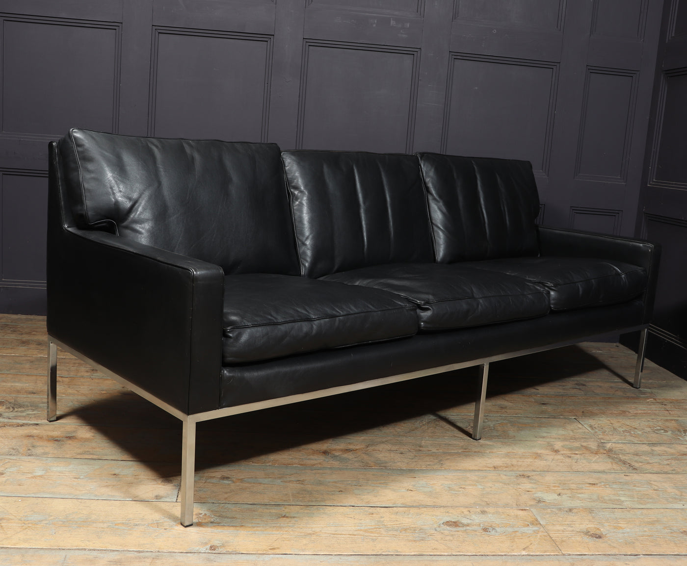 Scandinavian Mid Century Modern Black Leather Sofa